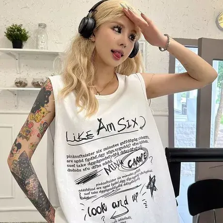 纯棉港风吊带坎肩背心无袖t恤女夏季外穿高级感宽松美式复古上衣图片