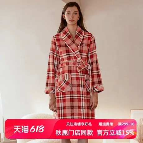 秋鹿断码清仓湖南省省服冬款珊瑚绒格子浴袍加厚保暖女法兰绒睡袍商品大图