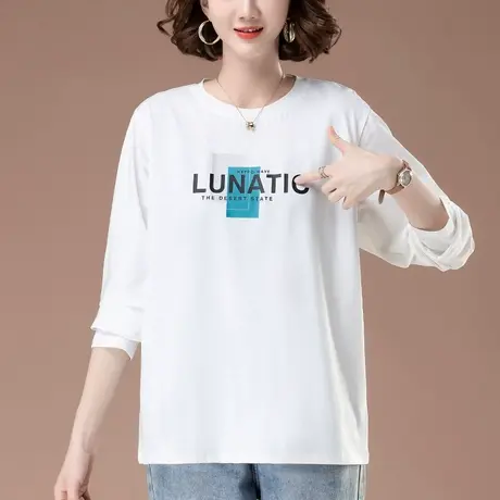 白色T恤女长袖春秋季新款宽松加大码女装字母百搭纯棉显瘦打底衫商品大图