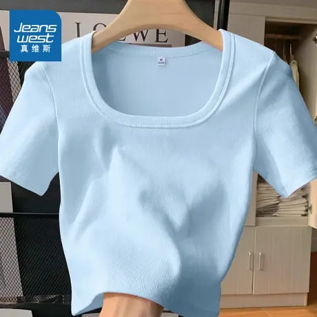 KMV真维斯方领短袖t恤女夏2025新款修身显瘦内搭美式辣妹短款上衣商品大图
