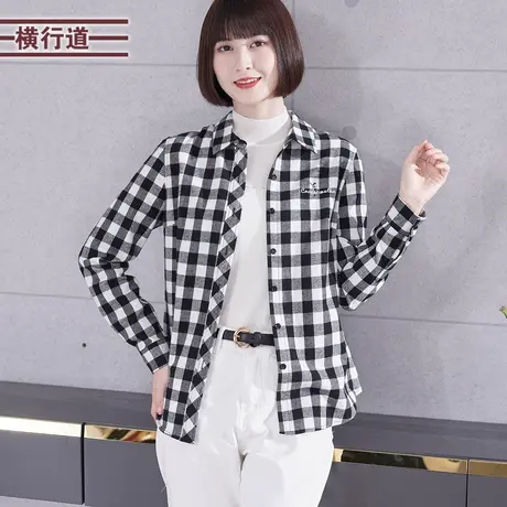 2023冬季新款黑白格子衬衫外套女纯棉大码宽松韩版刺绣花长袖衬衣商品大图