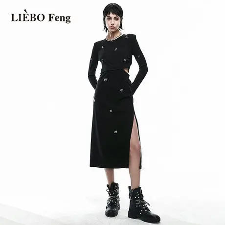 裂帛LIEBOFeng高街时髦挖空两穿显瘦小黑裙长袖侧开衩黑色连衣裙图片