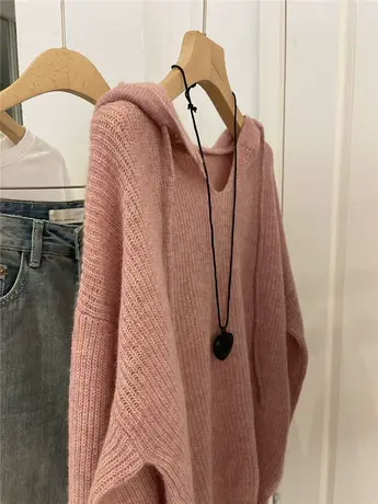 V领大连帽浣熊绒韩系简约套头针织衫女宽松休闲随意软糯薄款毛衣图片