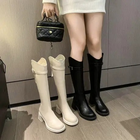 靴子女2023新款显瘦高跟v口百搭骑士靴炸街ins潮时装复古高筒单靴商品大图