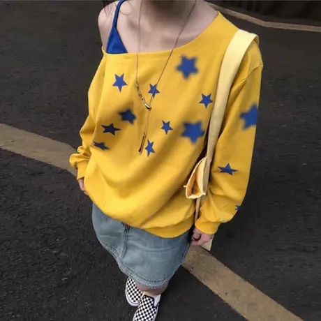 ins超火吊带斜肩露肩长袖卫衣女春秋季宽松韩版假两件上衣外套潮商品大图