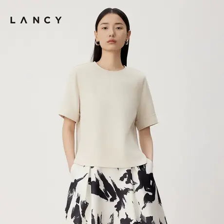LANCY/朗姿2024夏季新款纯色圆领薄款短袖t恤简约百搭宽松衬衫女图片