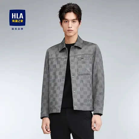 【麂皮绒】HLA/海澜之家翻领衬衫夹克23秋新款格子微弹休闲外套男图片