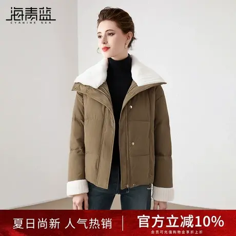 海青蓝休闲羽绒服2024冬季新品短款百搭拼接大翻领保暖外套面包服商品大图