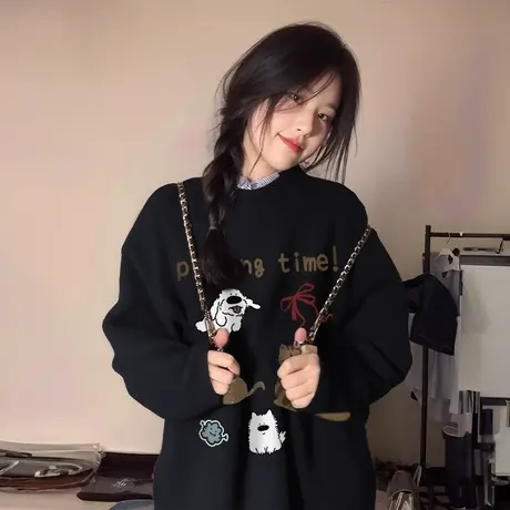 黑色圆领卫衣女早秋薄款2025新款爆款秋冬季加绒加厚宽松美式上衣商品大图