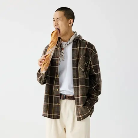 BENPANDA 春秋季复古格子衬衫男士长袖尖领休闲宽松日系潮牌外套图片