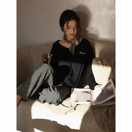 贝妍春秋季睡衣女新款莫代尔棉长袖大码家居服慵懒休闲黑色套装商品大图