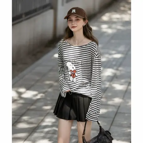 【史努比联名款】唐狮秋季长袖T恤女圆领条纹宽松上衣休闲风TMTA图片