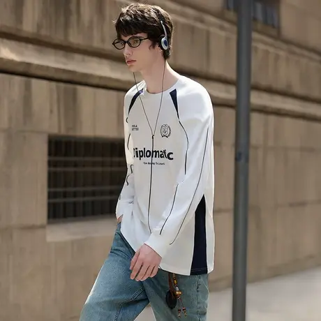 唐狮秋季新款体恤男士撞色插肩袖长袖T恤打底拼接潮韩版帅气TD商品大图