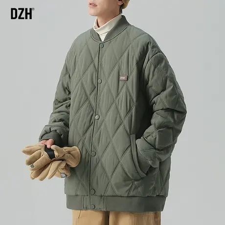 男士军绿色菱形格棉服男冬季潮牌棒球领棉衣加厚情侣冬装外套袄子商品大图