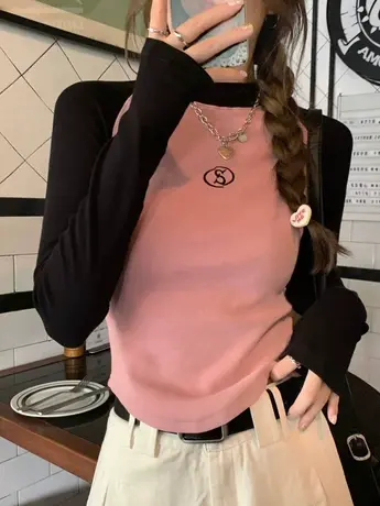 个性印花撞色长袖半高领T恤女装夏季修身短款不规则上衣图片