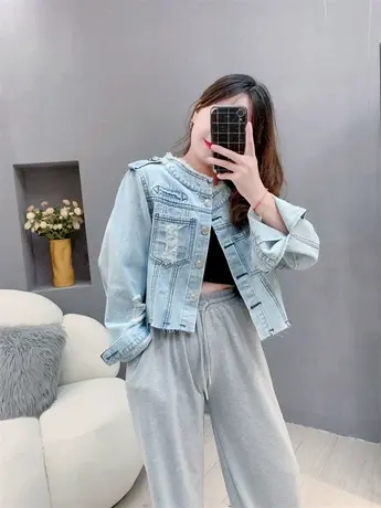 破洞小个子短款牛仔外套女秋季2023年新款宽松设计感毛边百搭上衣图片
