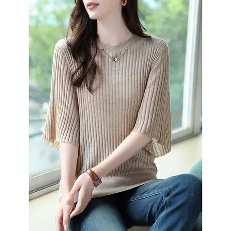 宝诗黎圆领五分蝙蝠袖坑条针织衫2023早秋新款纯色宽松温柔上衣女商品大图
