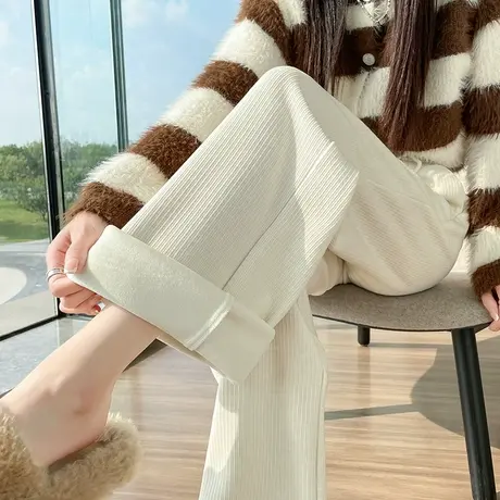 窄版加绒阔腿裤女秋冬新款高腰显瘦直筒裤米白色加厚雪尼尔休闲裤商品大图