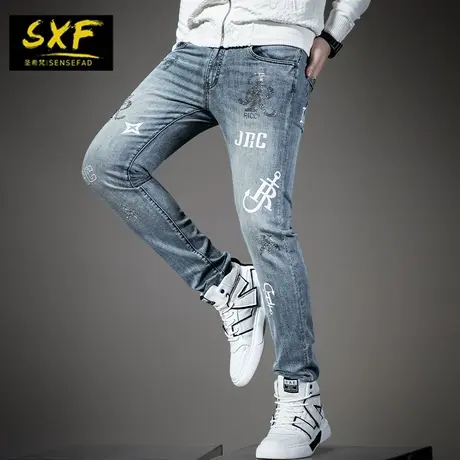 SXF圣希梵男士牛仔裤 2021春季新品简约修身印花小脚裤潮流长裤男图片