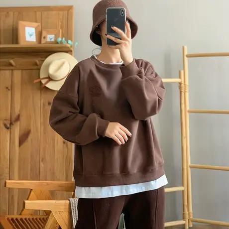 dza 复古短款假两件加绒卫衣女冬季休闲圆领套头长袖外套百搭上衣商品大图