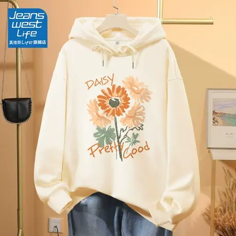 真维斯LIFE杏色卫衣女春秋薄款新款宽松韩版卡通印花小众连帽上衣商品大图