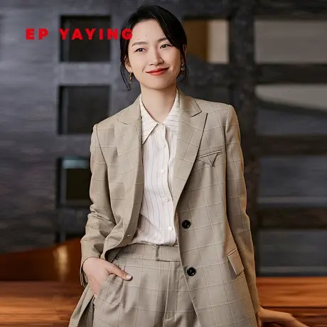 EP雅莹女装 优雅绵羊毛格纹收腰戗驳领西装外套商场同款新款1138B商品大图
