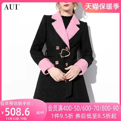 AUI黑色职业粗花呢西装外套女2023秋冬新款小香风中长款修身大衣图片