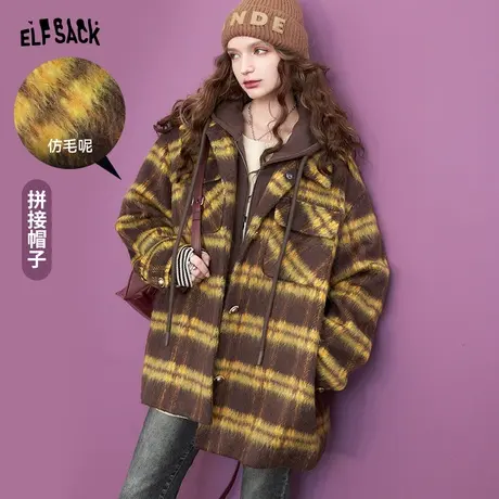 【夏天粉丝专享】妖精的口袋复古格子仿毛呢大衣女2023冬新款外套图片
