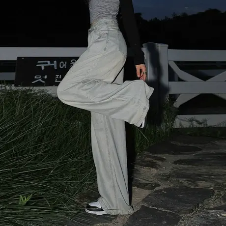 YEP纯色轻薄牛仔裤女2023新款春秋宽松阔腿喇叭裤潮牌拖地裤长裤图片