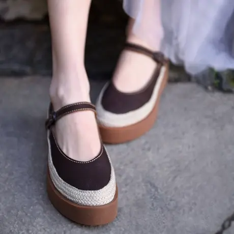 Artmu阿木原创牛皮浅口单鞋女防水台松糕鞋搭扣厚底鞋复古手工鞋商品大图