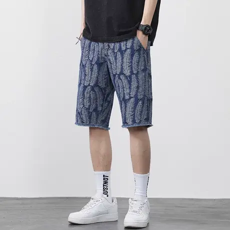 唐狮2023夏季新款休闲牛仔短裤男士直筒印花五分裤潮流显瘦中裤TG商品大图