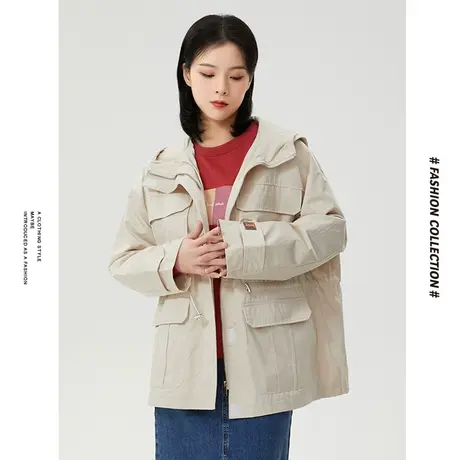 [商场同款]唐狮春秋季短外套女连帽多口袋净色外套休闲百搭工装图片