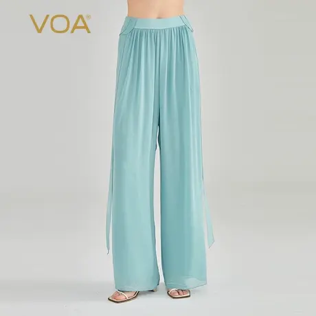 VOA冰蓝双层乔其纯桑蚕丝松紧腰侧口袋飘逸活页夏日清爽真丝裙裤商品大图