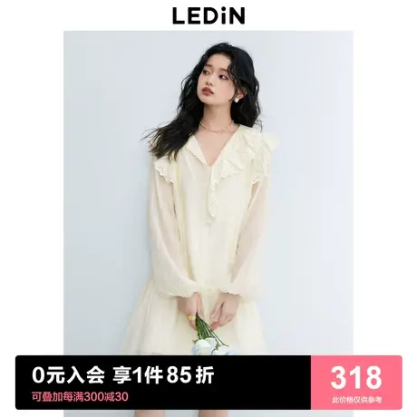 乐町甜美减龄娃娃裙2023年夏季新款V领蕾丝连衣裙气质长袖连衣裙商品大图