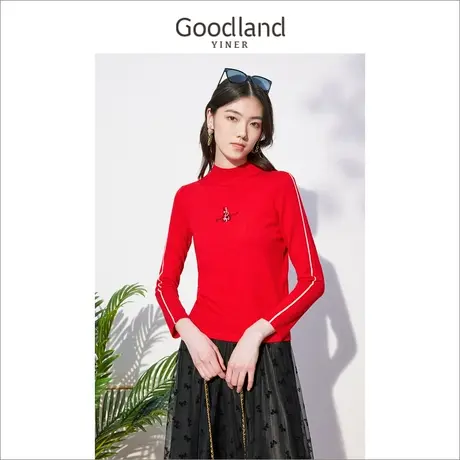 *Goodland美地女装冬季长袖套头毛衣红色字母针织衫商品大图