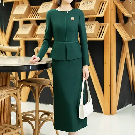 绿色小香风连衣裙女春秋2024新款气质端庄修身显瘦中长款开叉裙子图片