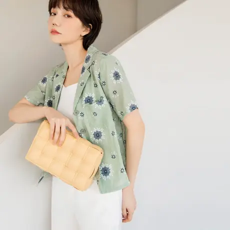 桔熊夏季海边度假风叶子印花衬衫休闲舒适短款上衣女大码AB15597商品大图