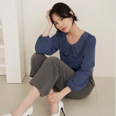 桔熊春秋季韩版厚雪纺衫花边领通勤泡泡长袖上衣女装大码AB16275图片