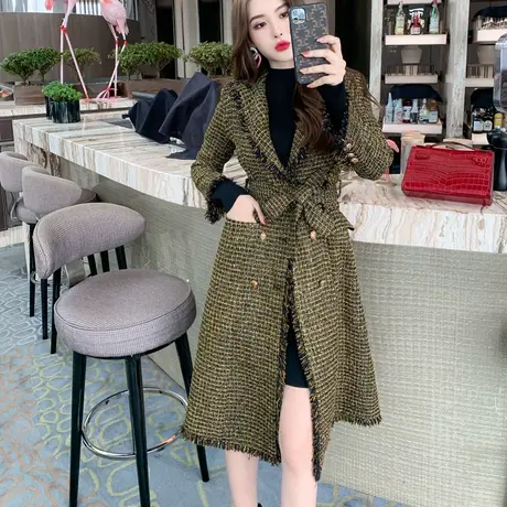 收腰中长款毛呢格子风衣时尚减龄英伦风时髦气质2024新款流行外套商品大图