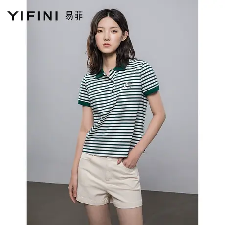 Yifini/易菲翻领条纹T恤短款宽松女上衣新款潮夏季polo衫女装商品大图