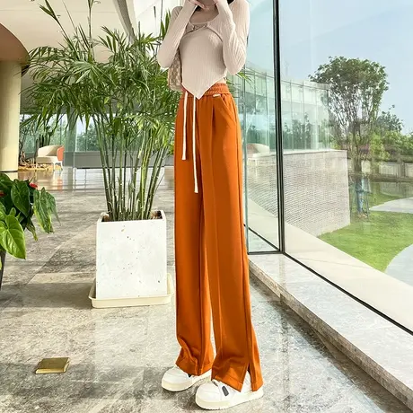 开叉阔腿裤女春秋季高腰宽松显瘦垂感直筒长裤拖地抽绳休闲裤子图片