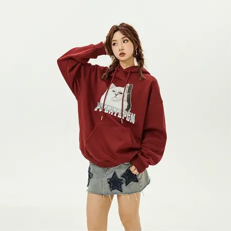 YEP连帽卫衣女加绒美式2023新款春秋款复古宽松oversize外套上衣商品大图