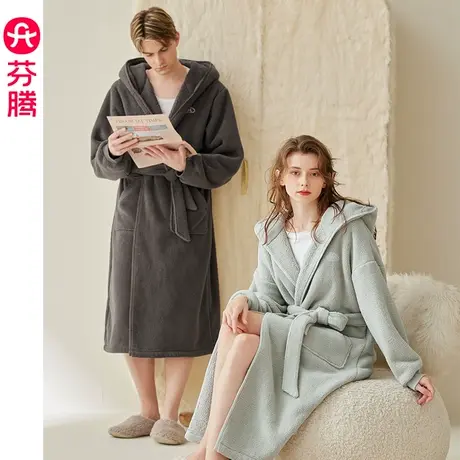 芬腾蓬蓬绒情侣睡袍秋冬季加绒加厚女士睡衣珊瑚绒保暖男款家居服商品大图