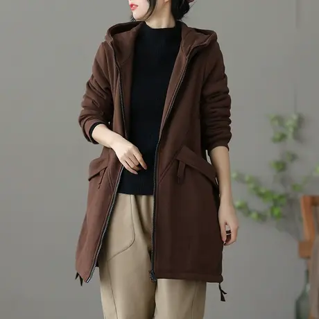 dza 复古宽松中长款连帽子加厚加绒外套女士冬季新款休闲女装上衣图片