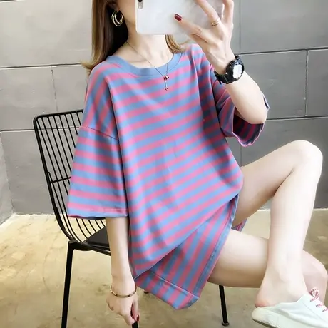 纯棉短袖t恤女夏韩版宽松大码女装中长款条纹ins下衣失踪上衣服潮商品大图