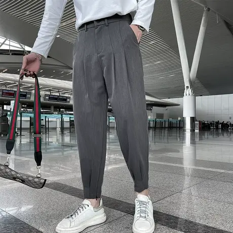 秋季男士九分裤休闲裤网红潮牌哈伦裤子修身潮流纯色小西裤小脚裤商品大图