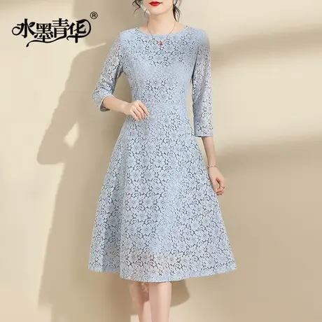 水墨青华2023冬装新品时尚百搭打底a型裙气质优雅收腰蕾丝连衣裙图片