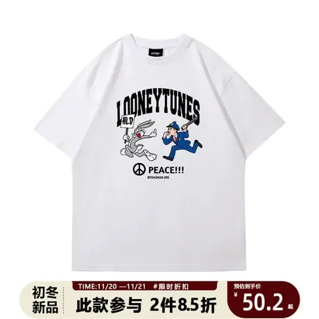 兔八哥印花白色欧美情侣t恤夏季小众中长款大码上衣短袖男体恤潮图片