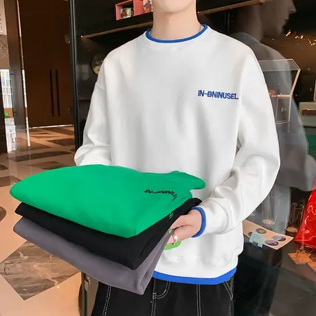 2022春秋季新款卫衣男士宽松刺绣上衣服潮流ins假两件长袖T恤男装图片