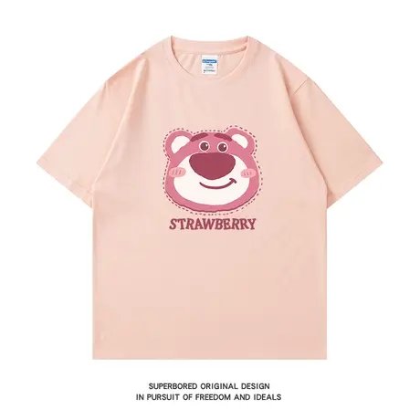 夏季潮牌卡通可爱小熊印花短袖t恤男纯棉粉色宽松休闲半袖体恤衫商品大图